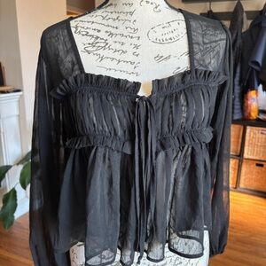 Altar'd State Black Sheer Ruffle Tie-Front Blouse